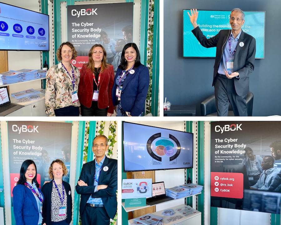 A series of photographs showing the CyBOK team: Helen, Yulia, Awais and Lata at the CyBOK exhibition stand at CyberUK 2023