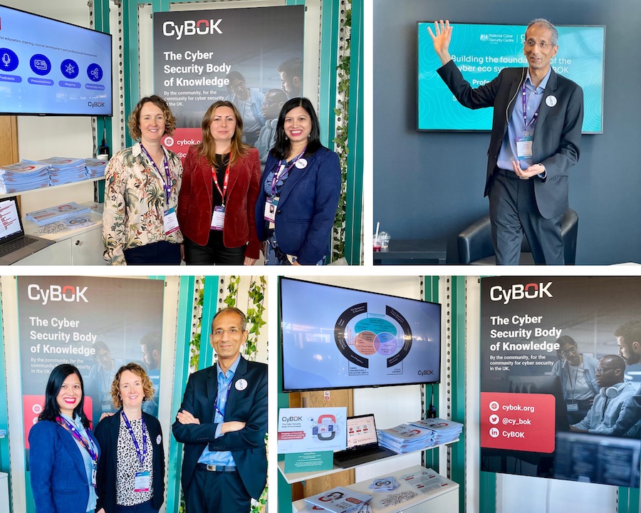 A series of photographs showing the CyBOK team: Helen, Yulia, Awais and Lata at the CyBOK exhibition stand at CyberUK 2023